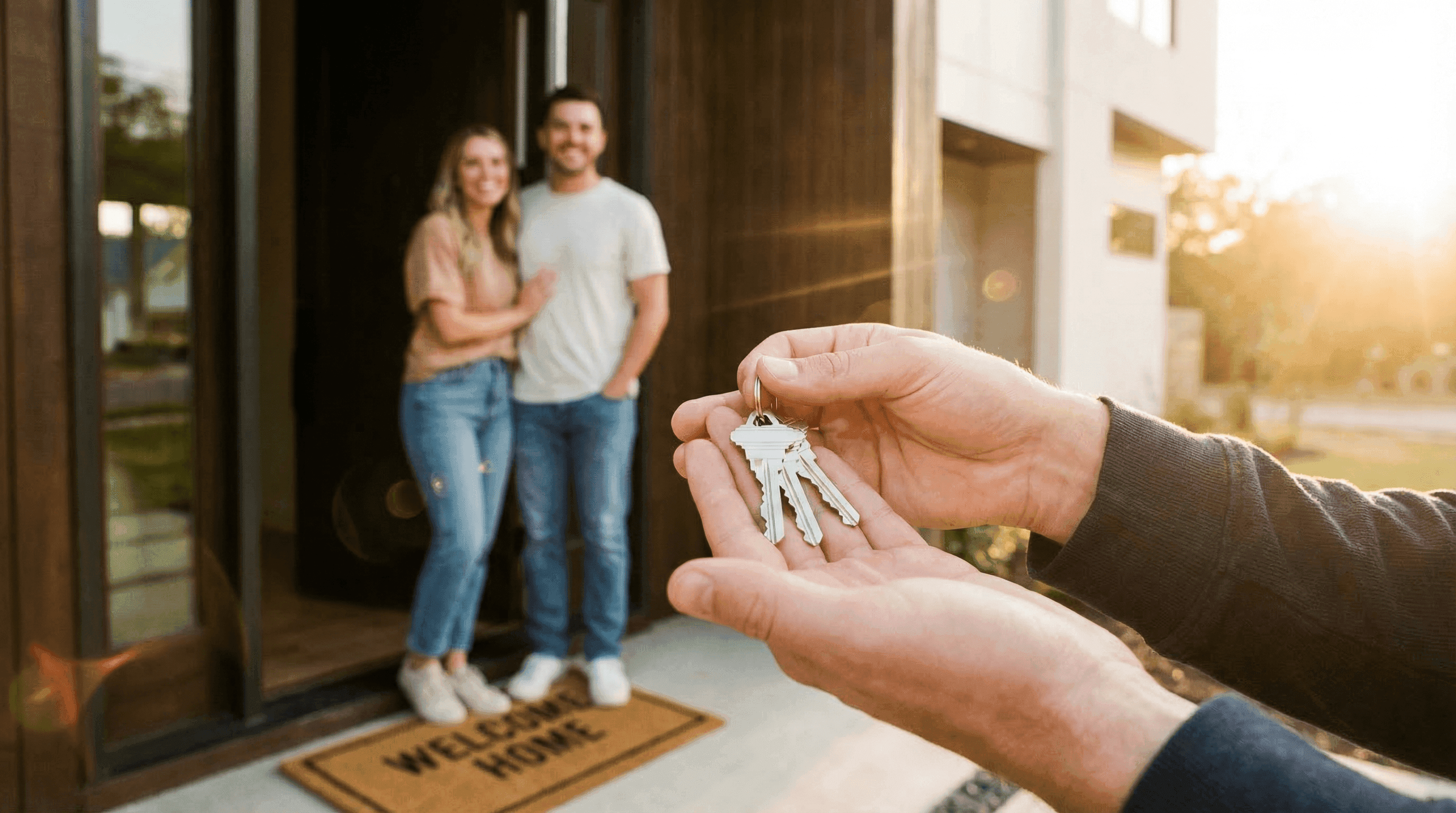 Happy homeowners celebrating in front of their new home